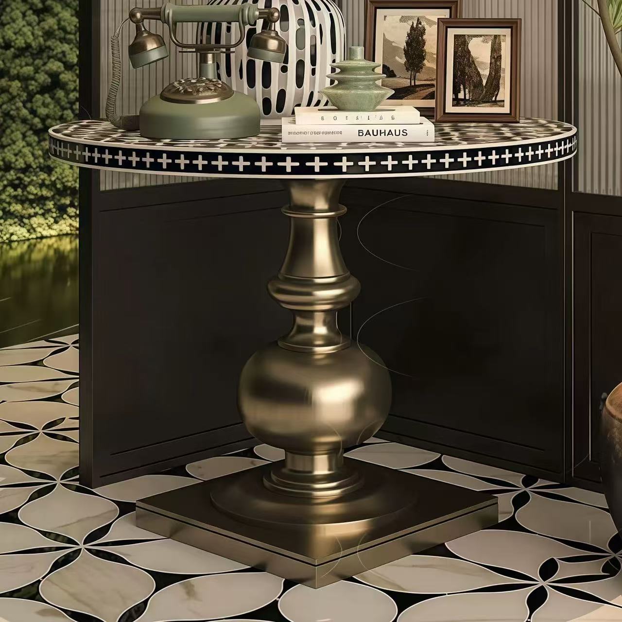 美式实木新古典复古金色边桌餐桌入户玄关桌法式罗马柱咖啡桌圆桌