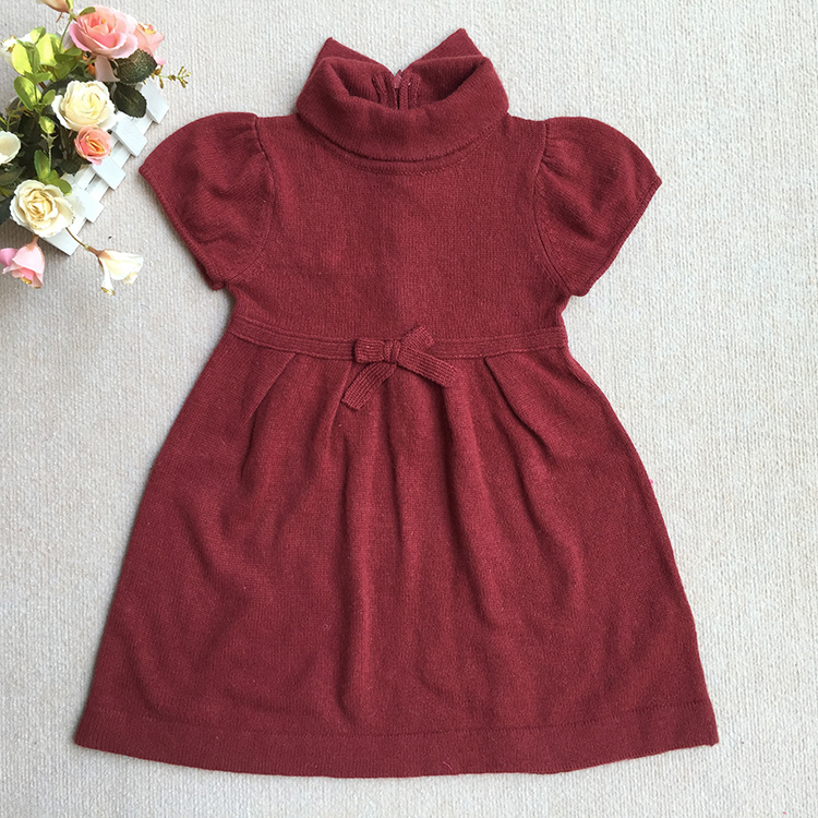 欧美天丝兔羊毛高腰蝴蝶结公主袖春秋冬女童针织连衣裙