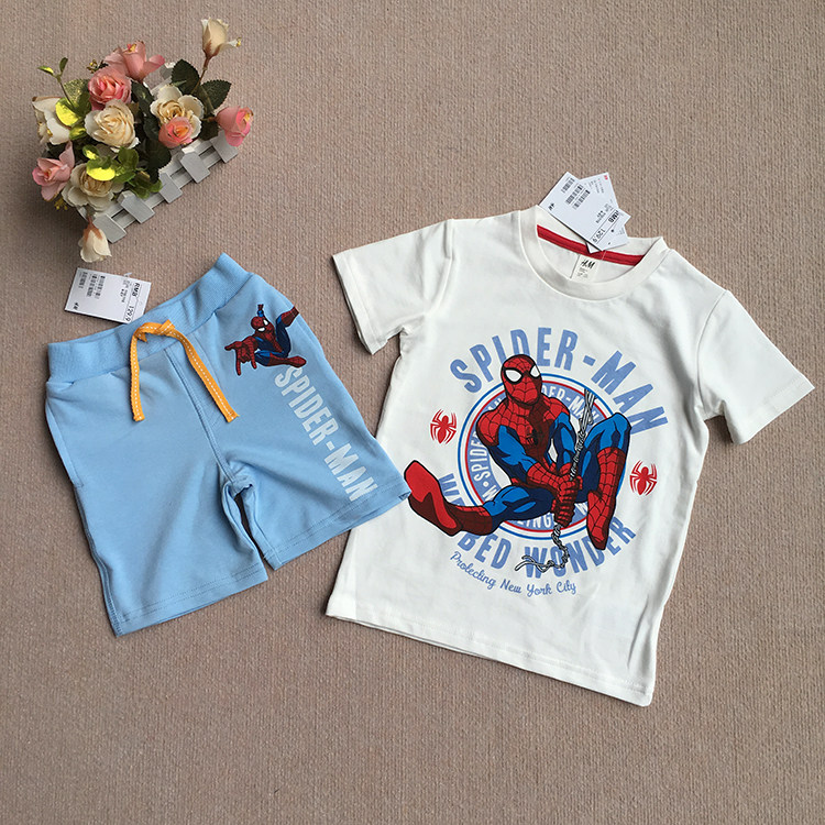 欧美风格弹性棉蜘蛛侠修身男童T恤+短裤二件套装