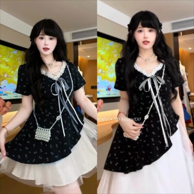 大码少女感v领碎花连衣裙女夏季胖mm显瘦收腰遮肚子大摆长裙6055