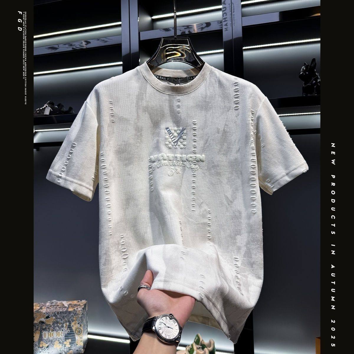欧货男士高端设计感破洞圆领短袖t恤男2025新款潮牌夏季美式半袖