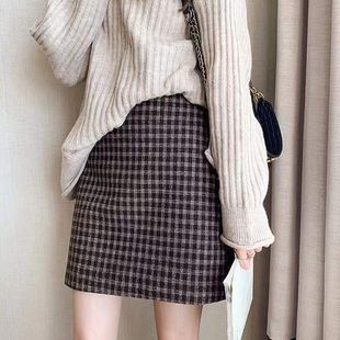毛呢格子半身裙女2023新款秋冬高腰小个子冬天配毛衣a字裙短裙bm