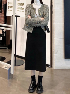 黑色直筒毛呢半身裙女秋冬中长款 小个子a字高腰显瘦开叉包臀裙bm