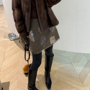 半身裙女2026欧货春秋季新款重工亮片高腰拼接直筒中长款a字短裙