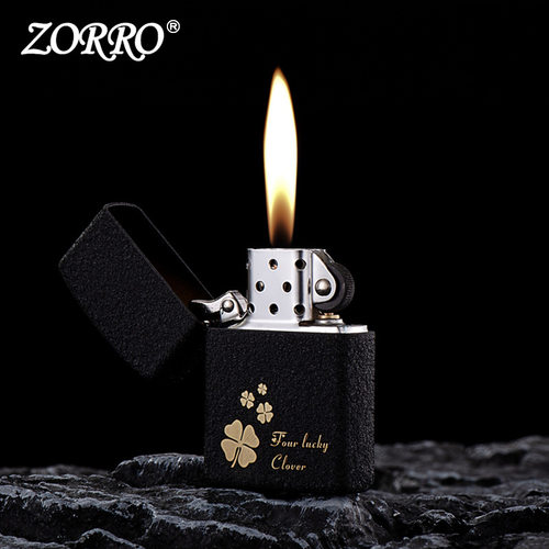 ZORRO正品佐罗黑砂四叶草原铜煤油打火机防风砂轮点火器创意送礼