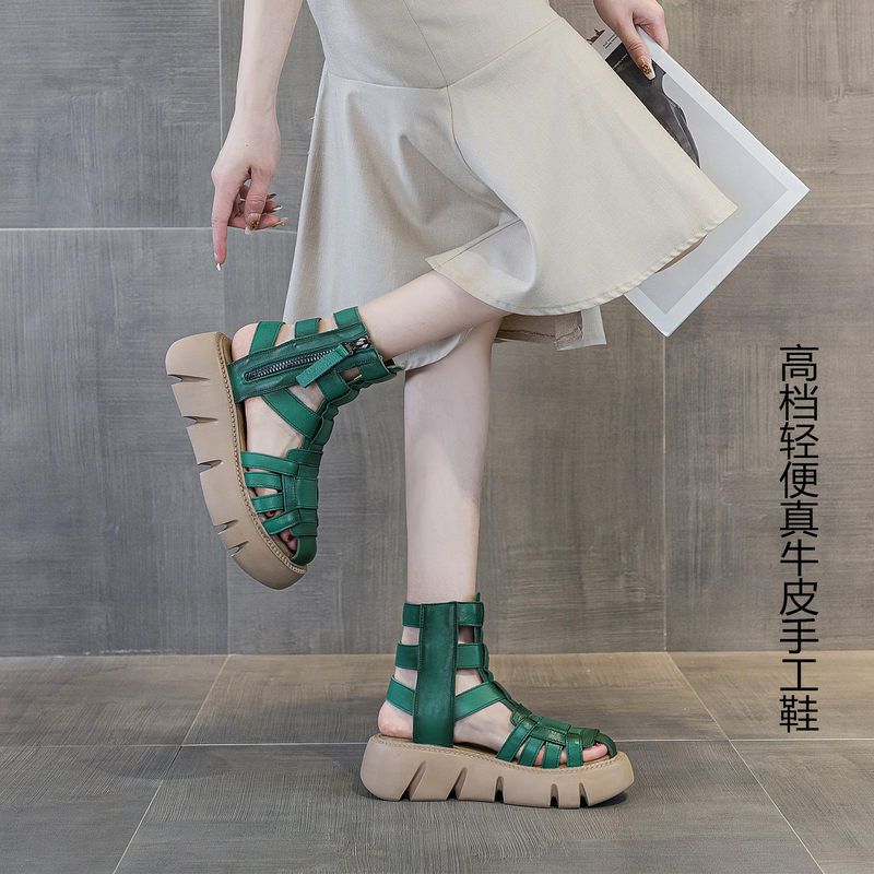 春夏中跟真皮女凉靴牛皮圆头女鞋厚底镂空包头罗马凉鞋女外穿绿色