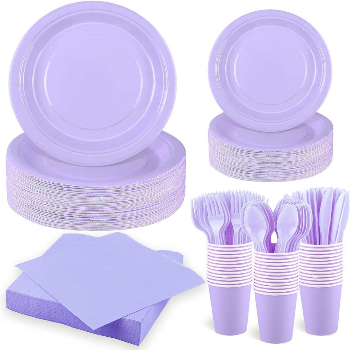 紫色纯色餐具套装生日派对聚会布置一次性纸盘纸杯纸巾桌布装饰