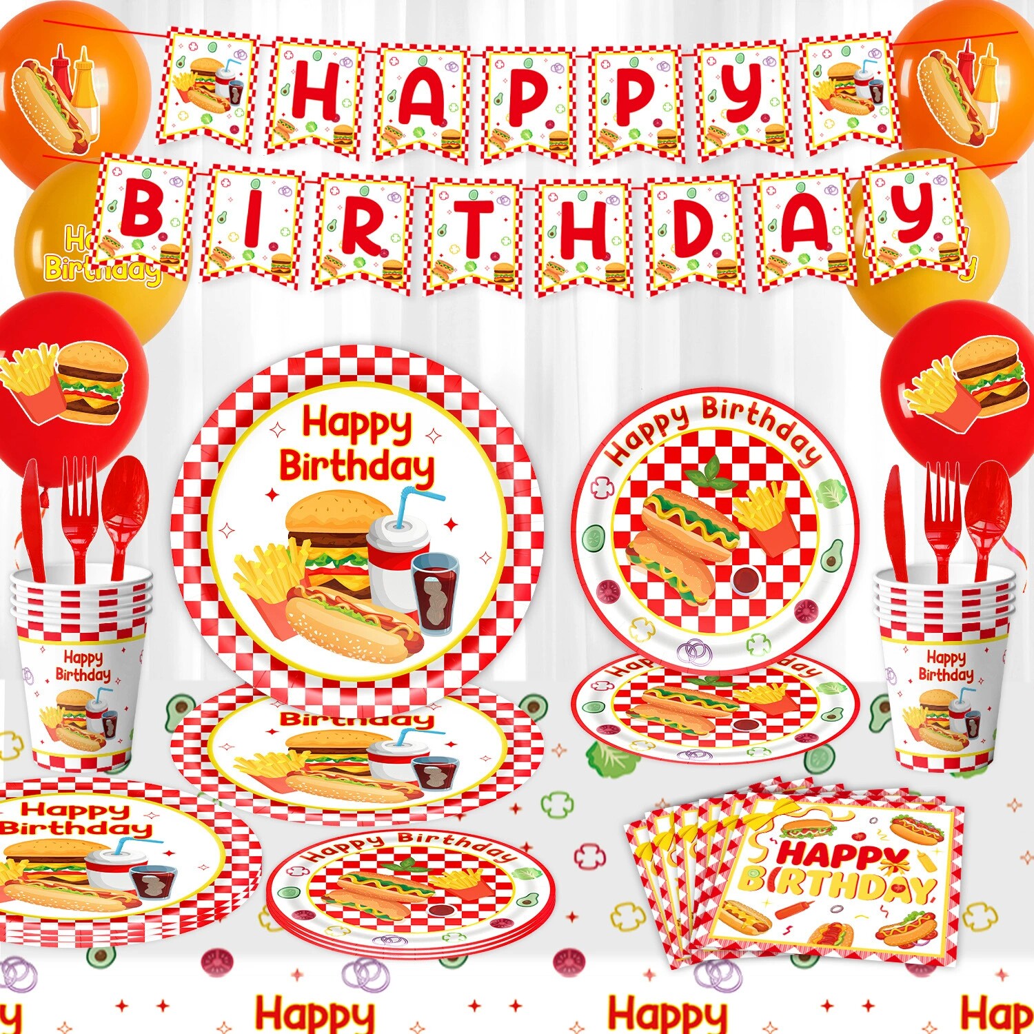 汉堡薯条主题餐具套装生日聚会派对装饰一次性纸盘纸杯纸巾桌布