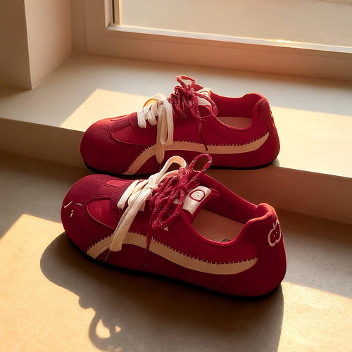 韩系复古红色德训鞋女2026新款