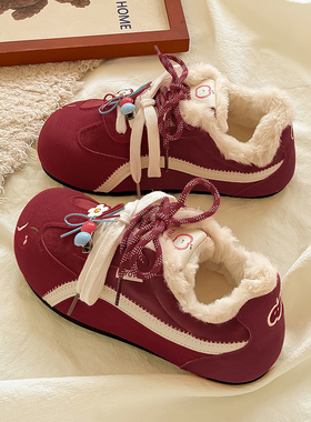糖小糖红色加绒板鞋女款2025新款二棉鞋百搭chic厚底小白鞋面包鞋