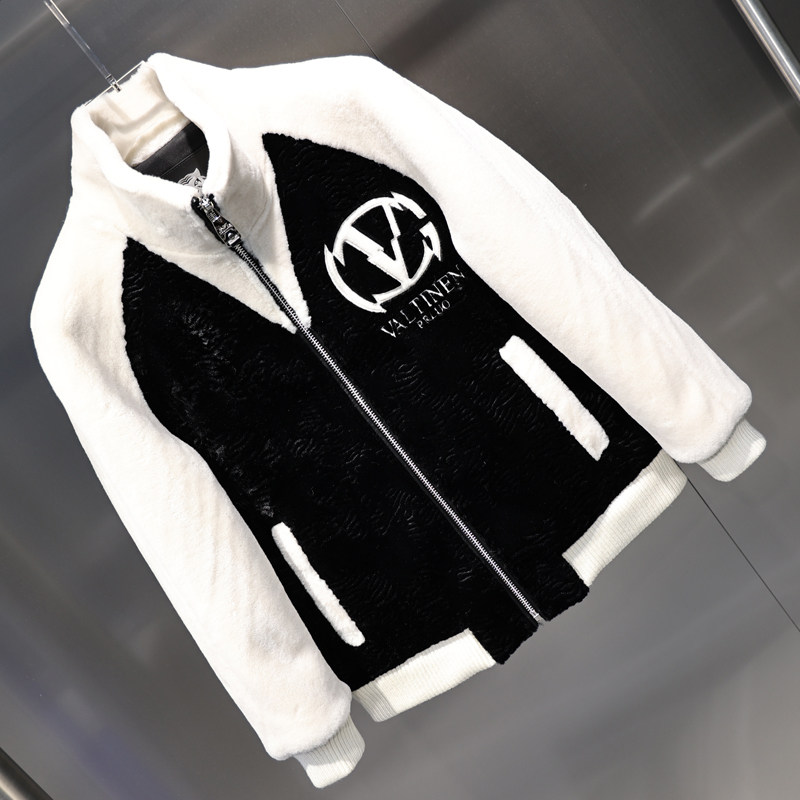 2024 겨울 유럽 두꺼운 따뜻한 흑백 컬러 블록 편지 수 놓은 스탠드 칼라 슬림 패션 모피 자켓 라이트 럭셔리