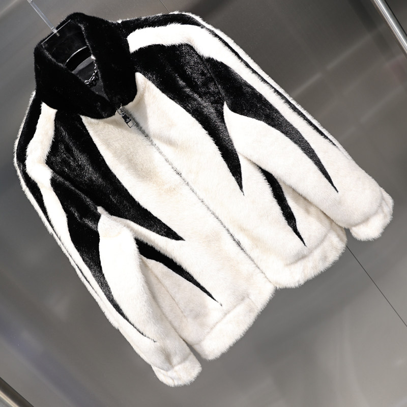2024 겨울 유럽 두꺼운 따뜻한 골드 밍크 벨벳 흑백 컬러 매칭 라인 스탠드 칼라  가죽 스플 라이스 모피 자켓 유행
