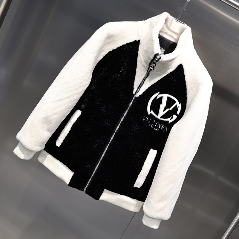 2024 겨울 유럽 두꺼운 따뜻한 흑백 컬러 블록 편지 수 놓은 스탠드 칼라 슬림 패션 모피 자켓 라이트 럭셔리