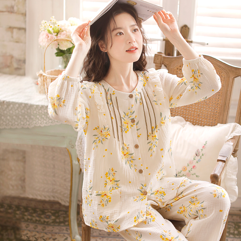【带胸垫】富朵春秋月子服纯棉绉纱孕产妇睡衣防凸点可外穿家居服