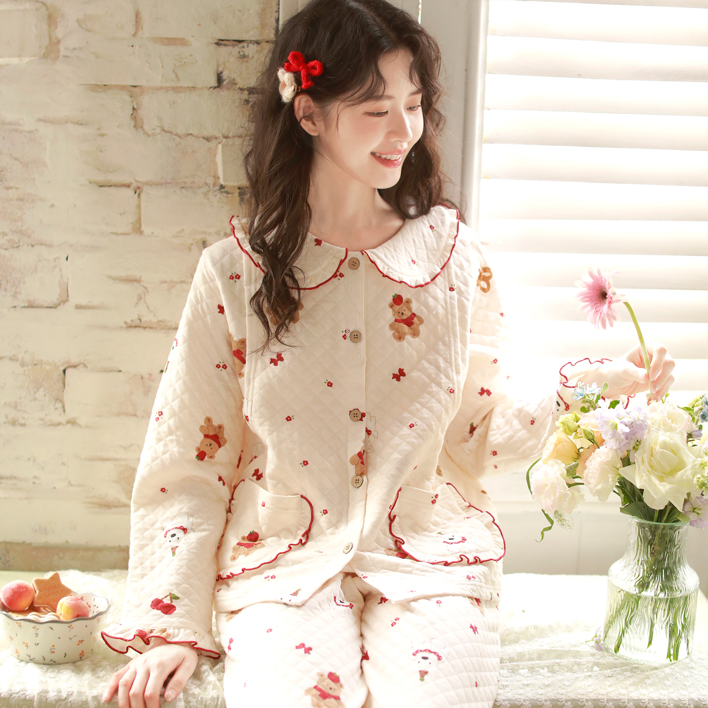 富朵保暖月子服带哺乳口秋冬产孕妇哺乳睡衣产后家居服空气棉套装