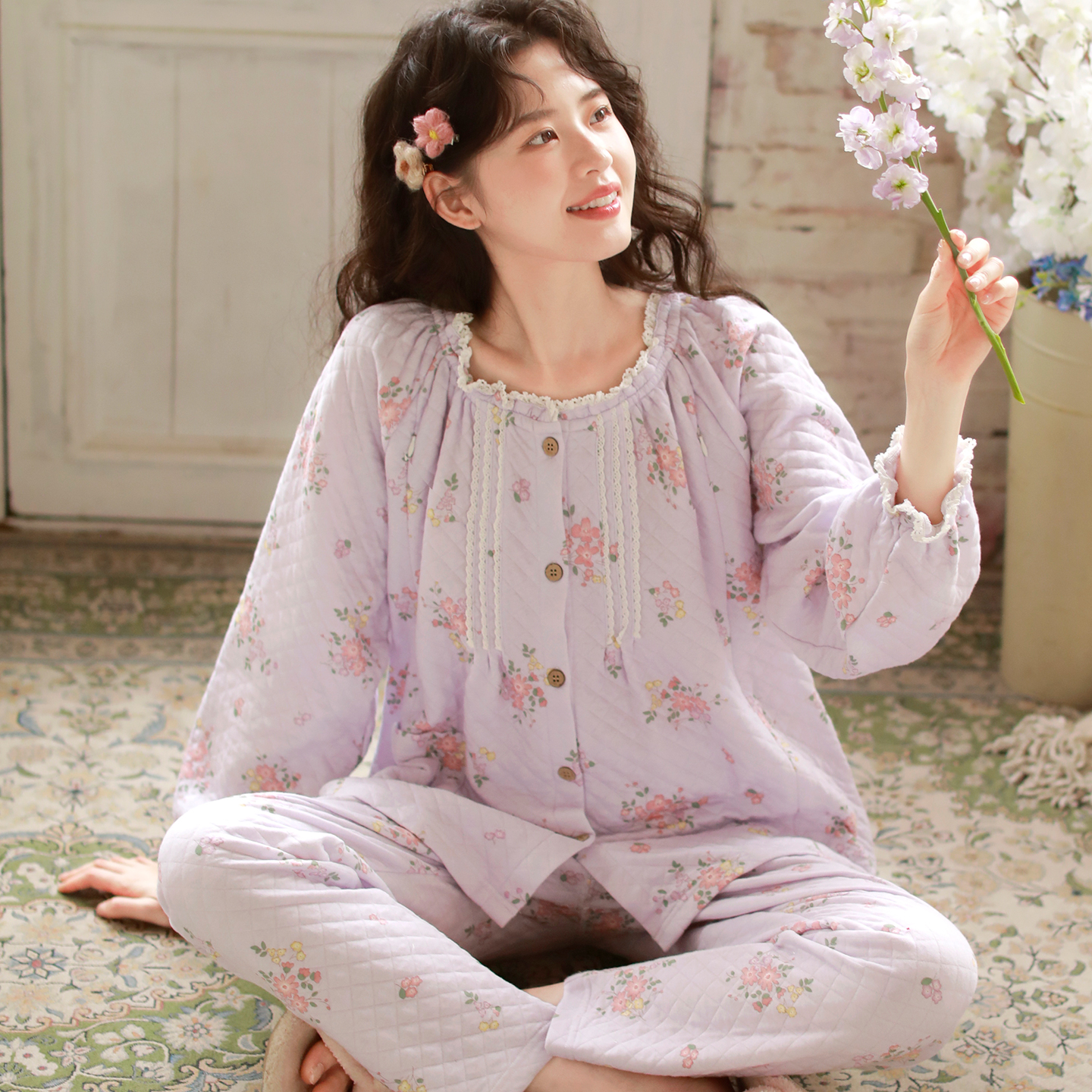 富朵保暖月子服带哺乳口秋冬产孕妇哺乳睡衣产后家居服空气棉套装