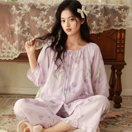 富朵纯棉纱布睡衣女春夏棉纱长袖套装甜美可外穿薄款吸汗家居服
