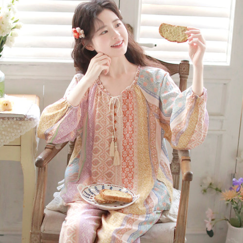 富朵春夏纯棉纱布孕妇哺乳睡衣