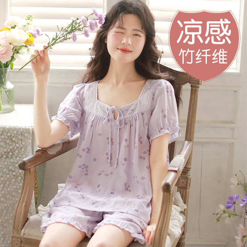 富朵夏季凉感竹棉纱睡衣薄款短袖短裤清凉套装可外穿女士家居服