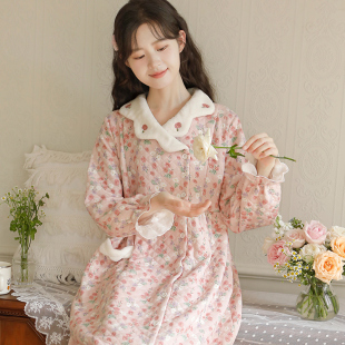富朵空气棉月子服春秋冬孕产妇睡裙产后夹棉保暖哺乳裙长款 待产裙