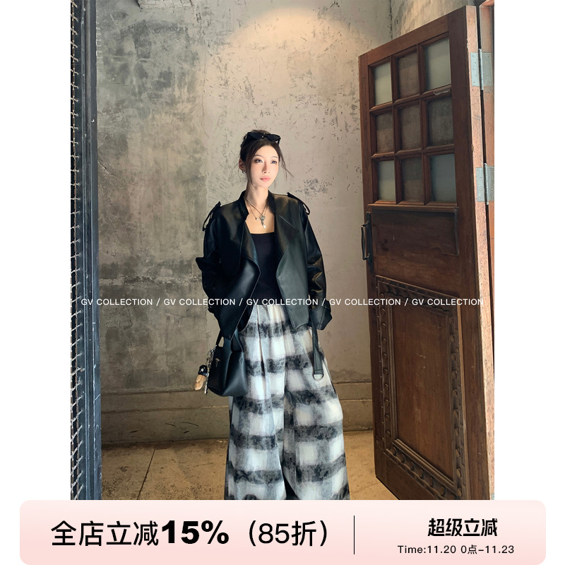 晕染格纹撞色软呢宽松阔腿裤