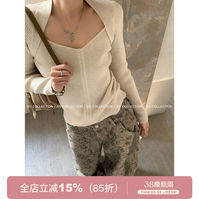 V领坎肩假两件针织上衣