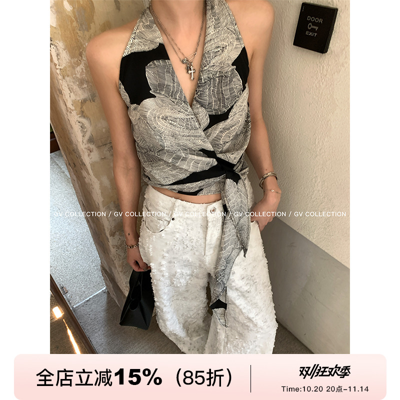 收腰图案V领侧打结上衣背心