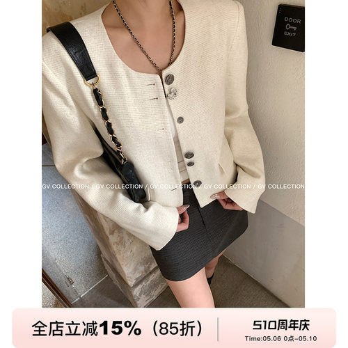 GV大白哥 精致主义 不规则立体扣圆领小香外套直筒廓形休闲上衣女