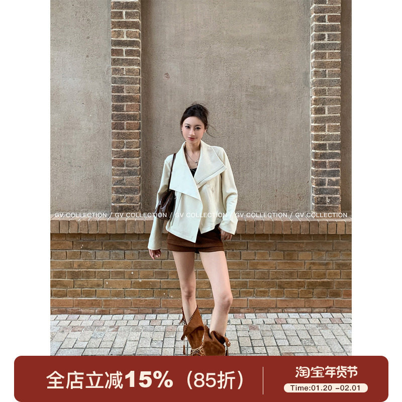 GV大白哥 伦敦学院 大翻领麂皮拉链短外套设计感早秋新款女独特,女装/女士精品,短外套,淘宝优惠券,粉丝福利购,淘宝优惠卷