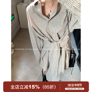 GV大白哥 25SS私服 设计感宽松休闲风连衣裙系带收腰条纹衬衫裙女