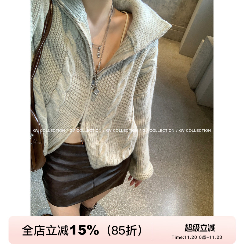 大翻领立领棒针毛衣上衣