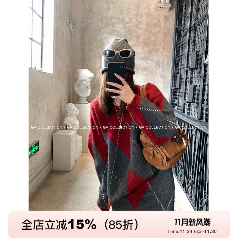 GV大白哥 英伦学院派 节日氛围感宽松套头V领毛衣A字半裙套装女冬
