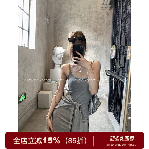 GV大白哥 元气夏日 设计感小众带胸垫系腰假两件连衣裙吊带裙女夏