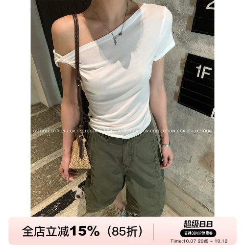 斜肩纽结弹力莱赛尔短袖上衣T恤