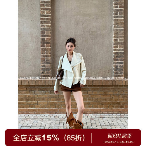 大翻领麂皮拉链短外套