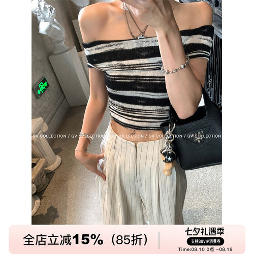 GV大白哥 晕染boho 黑白条纹一字肩抹胸漏肩亲肤松弛感短袖上衣女