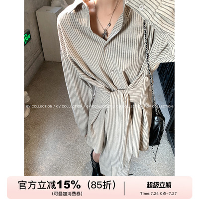 GV大白哥 25SS私服 设计感宽松休闲风连衣裙系带收腰条纹衬衫裙女