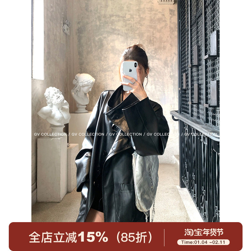 GV大白哥 私服秀场 廓形翻领立领两穿皮衣外套秋季新款百搭上衣女,女装/女士精品,皮衣,淘宝优惠券,粉丝福利购,淘宝优惠卷