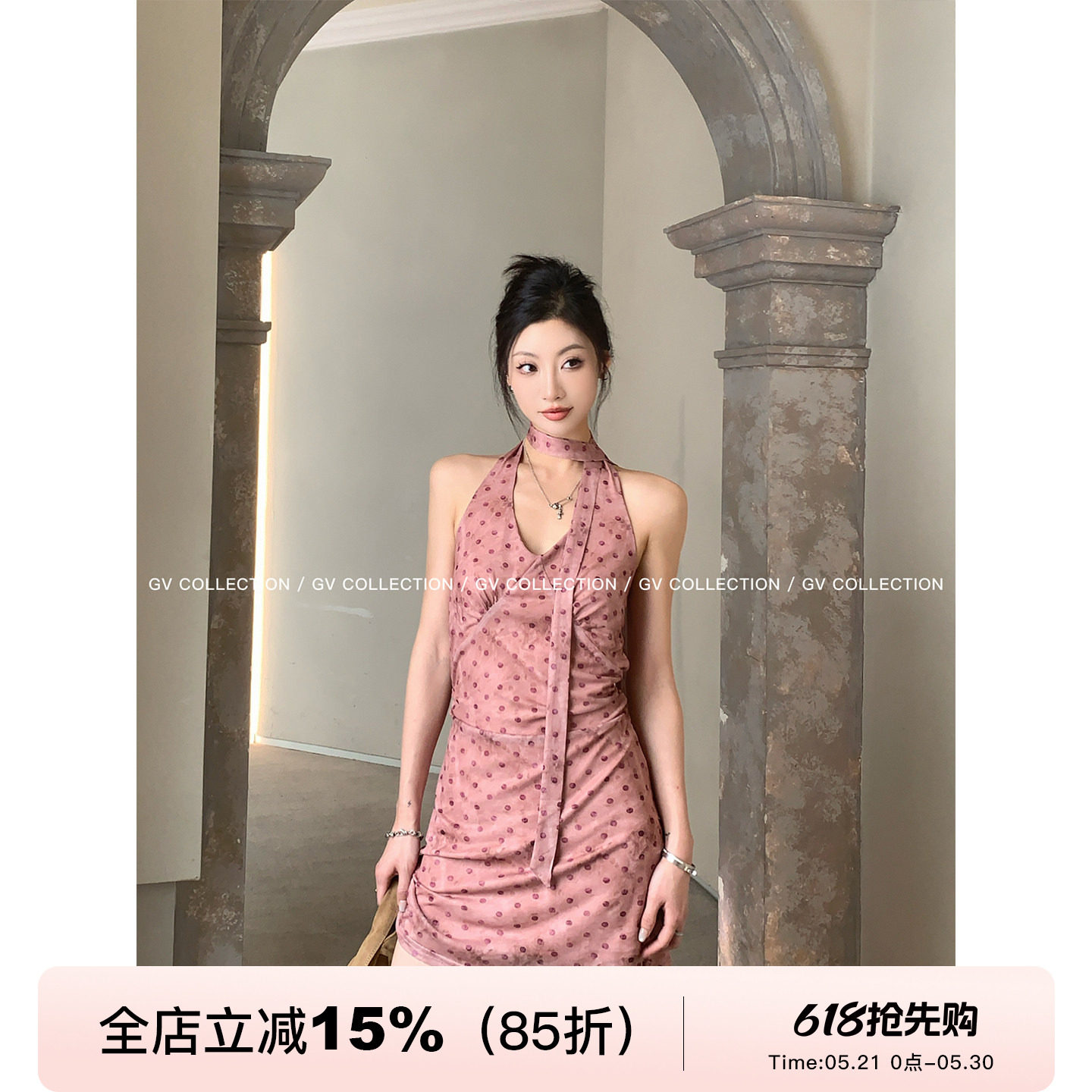 GV大白哥 南法玫瑰 V领波点网纱双层连衣裙夏新款裙子（含挂脖）