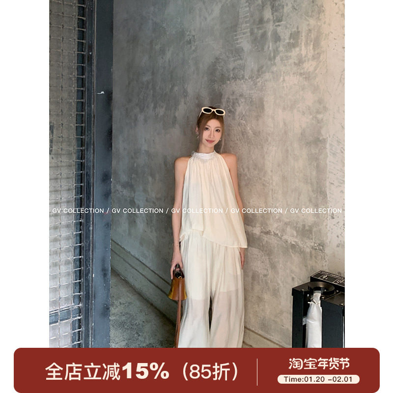 GV大白哥 清冷氛围 半高领压褶削肩挂脖上衣阔腿休闲拖地裤套装女,女装/女士精品,时尚套装,淘宝优惠券,粉丝福利购,淘宝优惠卷