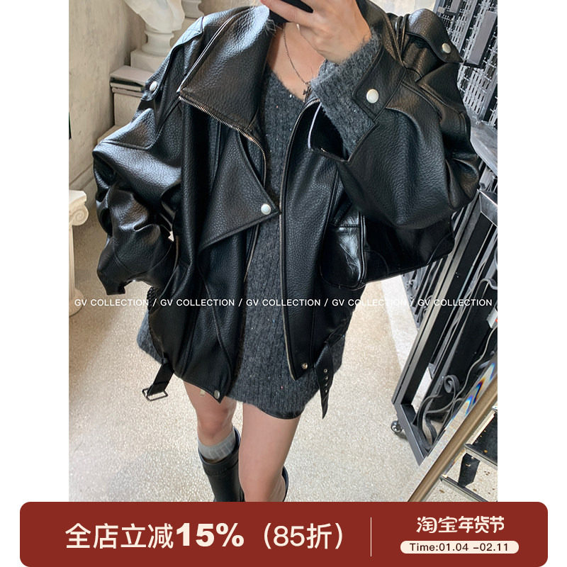 GV大白哥 独线匠心 质感J佳翻领廓形皮衣街头风简约外套上衣女