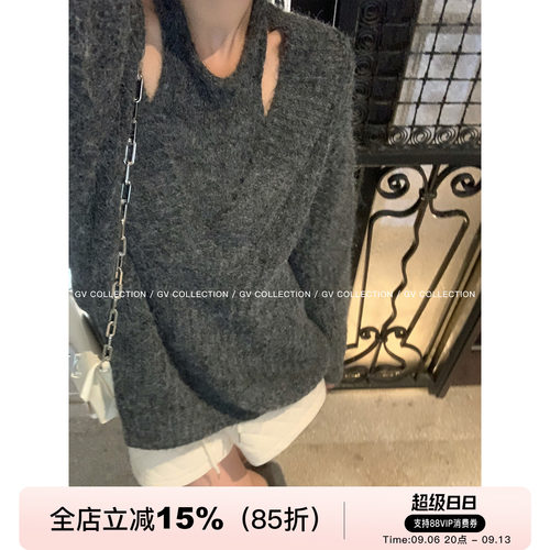 羊毛挂脖背心V领毛衣两件套套装