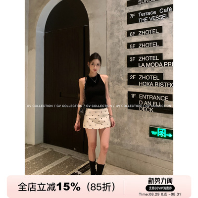 亚麻波点半身裙防走光裙裤