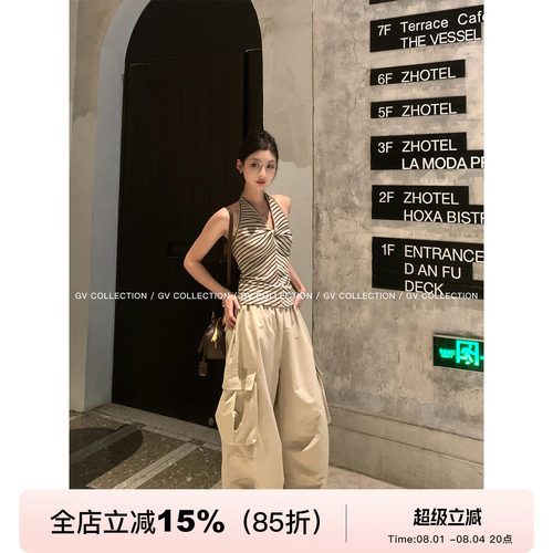 大阔腿口袋工装抽绳轻薄休闲裤