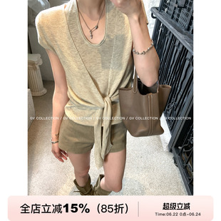 GV大白哥 松软夏日 美丽诺羊毛假两件打结短袖上衣春夏新款百搭女