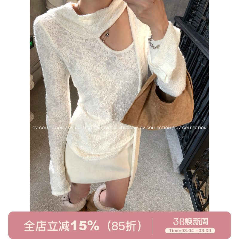 GV大白哥 矜贵姐调 立体肌理感飘带磨毛蕾丝上衣春季新款百搭女
