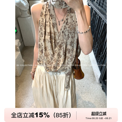 莱赛尔人丝花卉印花挂脖V领背心