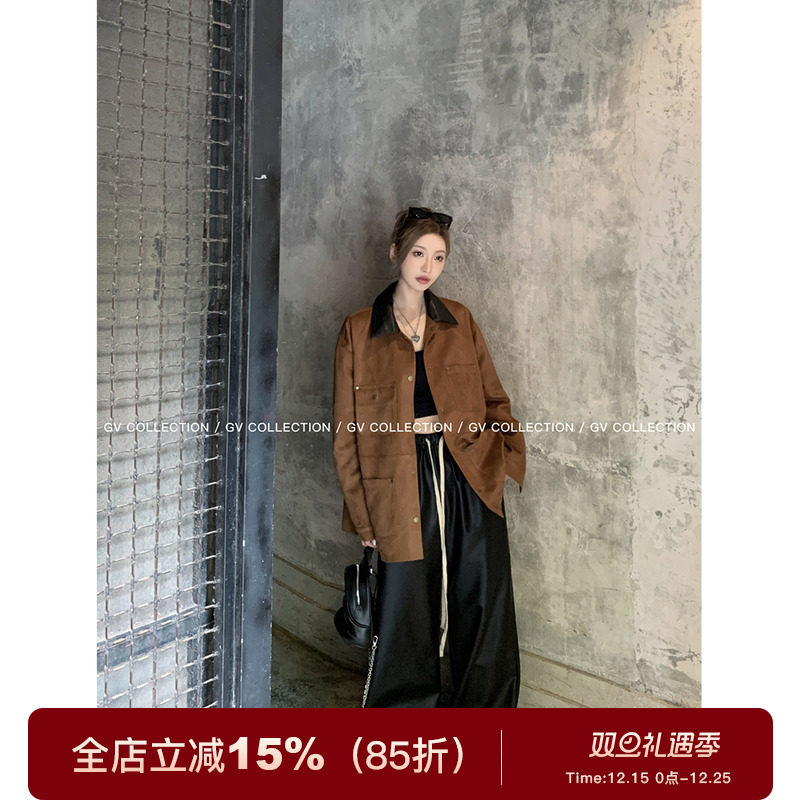GV大白哥 古着私服 拼皮撞色polo领麂皮衬衫外套中古风休闲上衣女