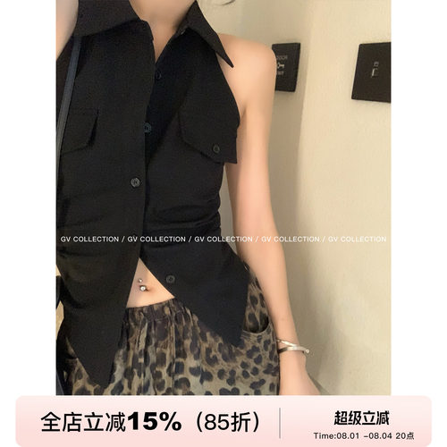 polo领无袖衬衫后镂空马甲背心