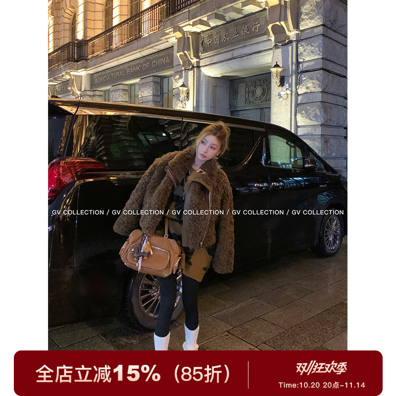 复古拼皮领环保毛外套